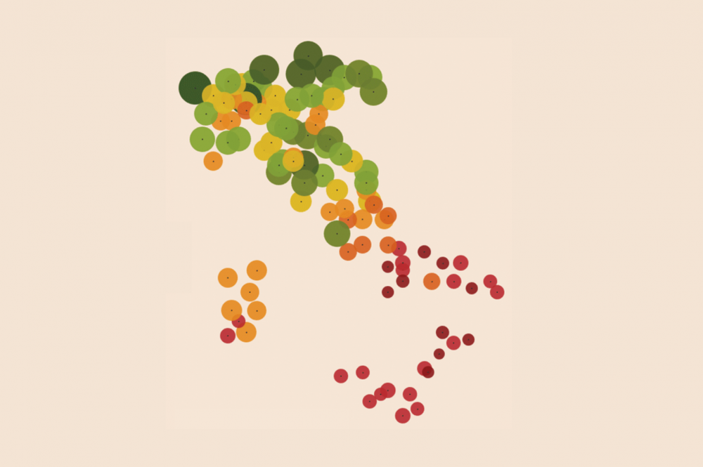 Piantina dell'Italia che con diversi colori e dimensioni mostra la qualità della vita nella città italiane.