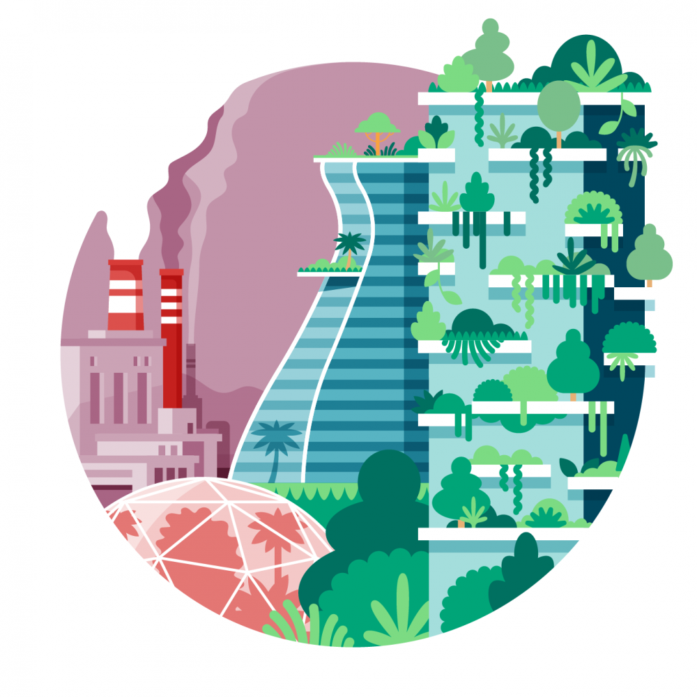 Illustrazione di una città, con edifici con molto verde e alberi, che contrastano uno sfondo fatto di inquinamento